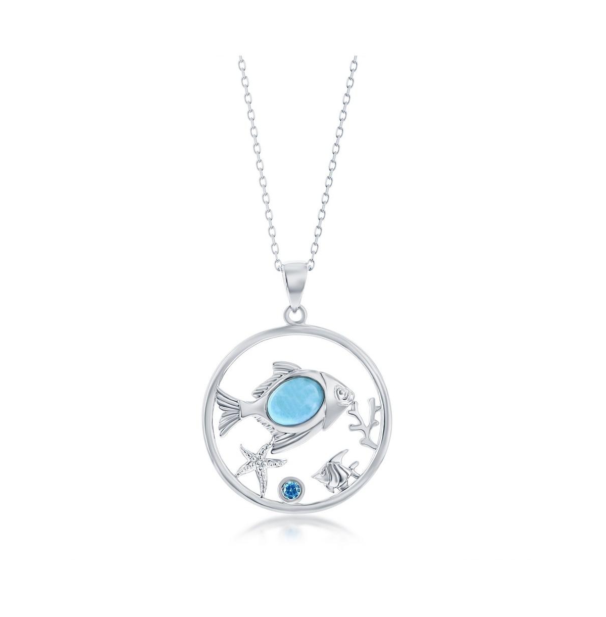 Sterling Silver Larimar Fish w/ Starfish, Coral & Blue Cz Necklace - Blue