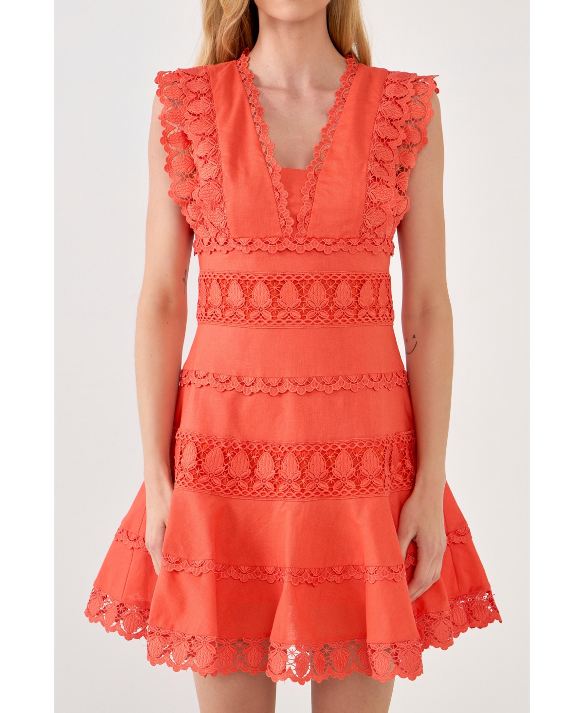 Shop Endless Rose Women's Plunging Neck Lace Trim Dress In Orange