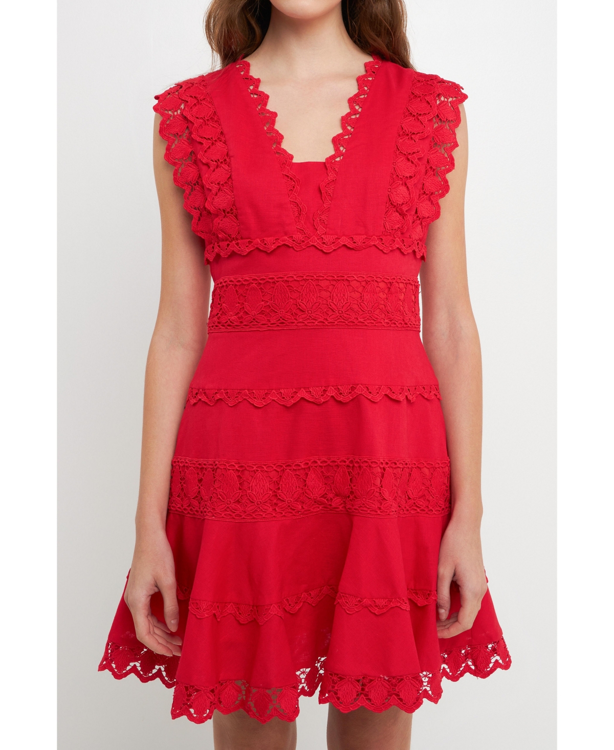 Endless Rose Plunging Neck Lace Trim Dress In Red