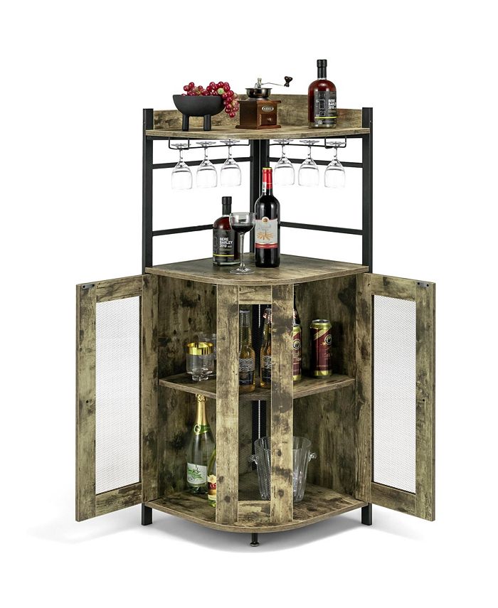 Costway Corner Bar Cabinet Industrial Liquor Wine Cabinet with Glass Holder  & Mesh Doors - Macy's