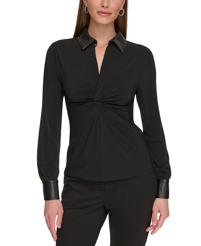 DKNY Petite Knot-Front Combo Collared Blouse, Created for Macy's - Macy's