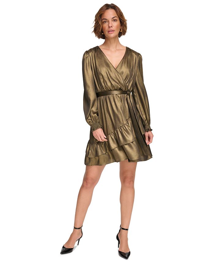 DKNY Women's Metallic V-Neck Long-Sleeve Tiered Dress