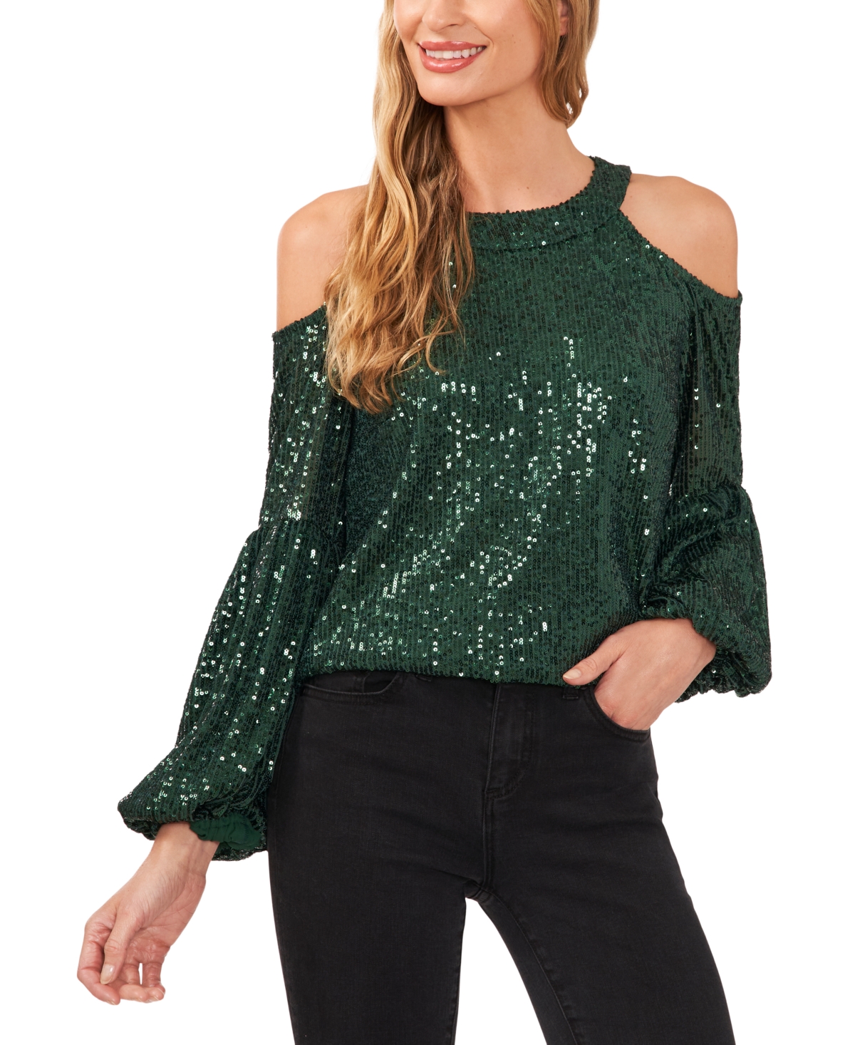Women's Sequined Long Sleeve Cold-Shoulder Blouse - Alpine Green