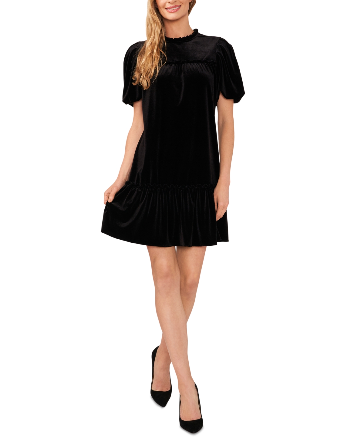 Cece Ruffle Detail Velvet Shift Dress In Rich Black
