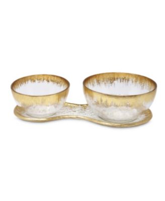 2 Bowl Relish Dish on Tray with Gold-Tone Design, 3 Piece Set