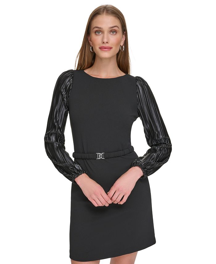 DKNY Women's Mixed Media Dress - Scuba Crepe With Side Ruching & Chevron Details