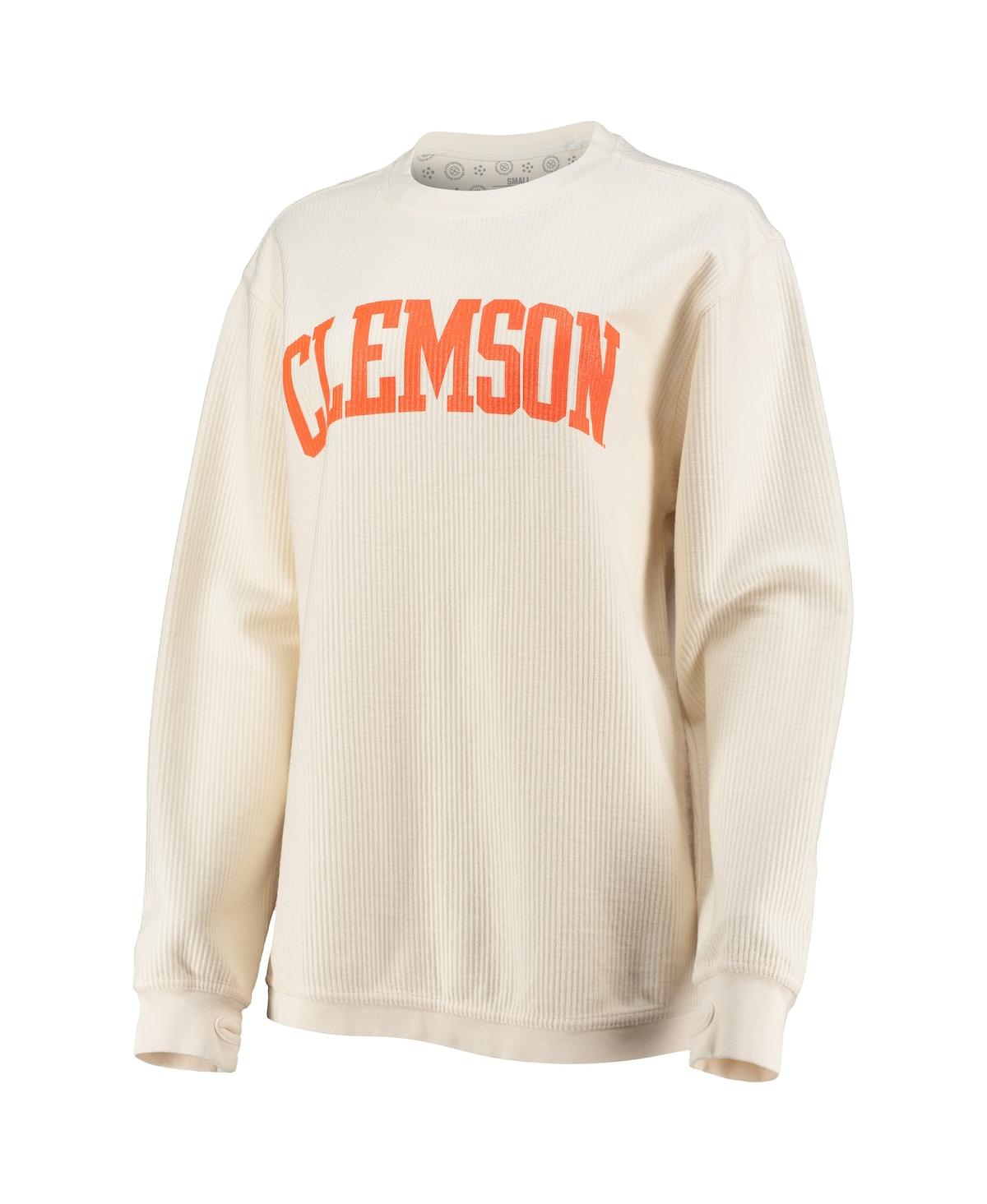 PRESSBOX WOMEN'S PRESSBOX WHITE CLEMSON TIGERS COMFY CORD VINTAGE-LIKE WASH BASIC ARCH PULLOVER SWEATSHIRT 