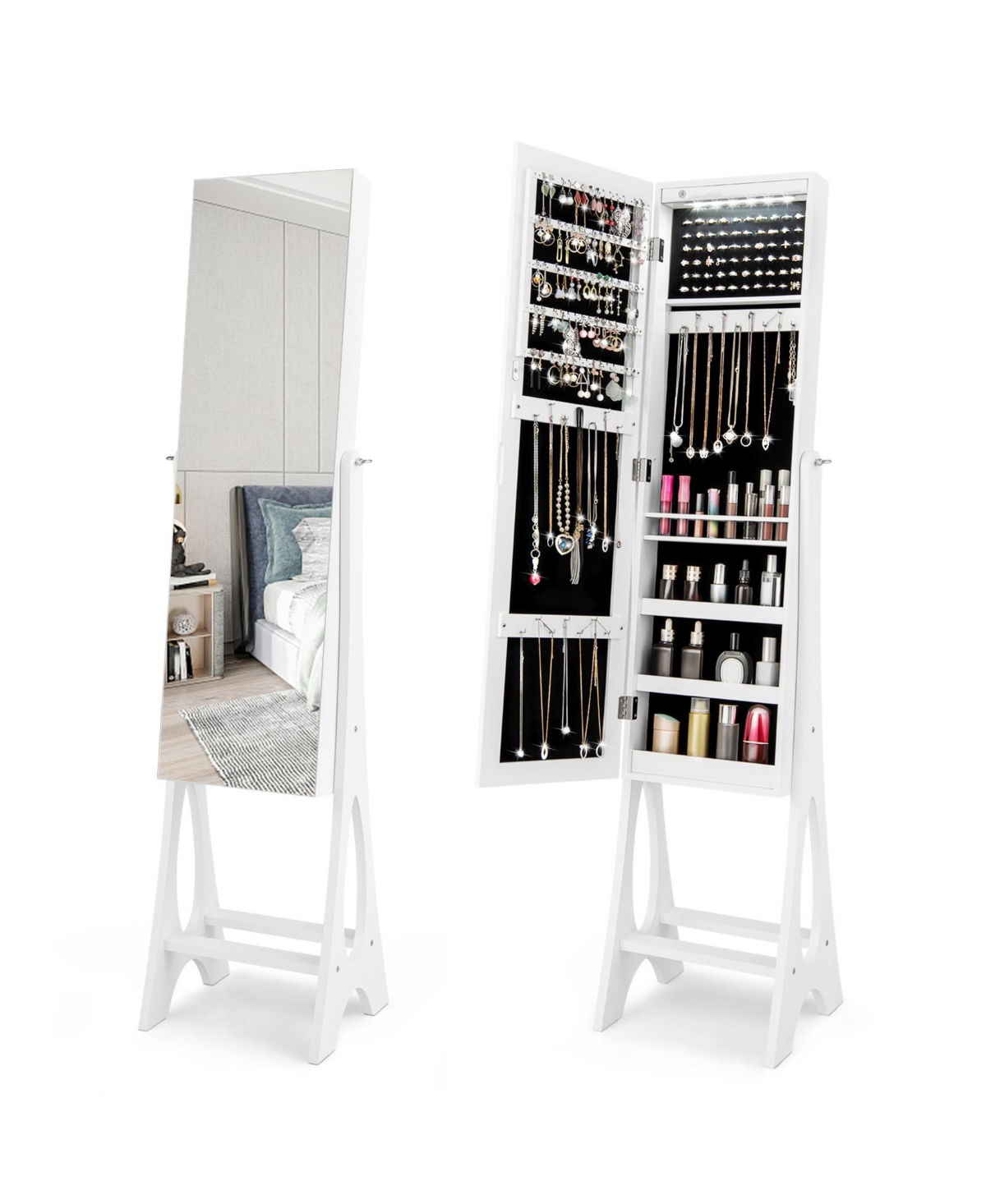 Led Jewelry Cabinet Armoire with Bevel Edge Mirror Organizer Mirrored Standing - White