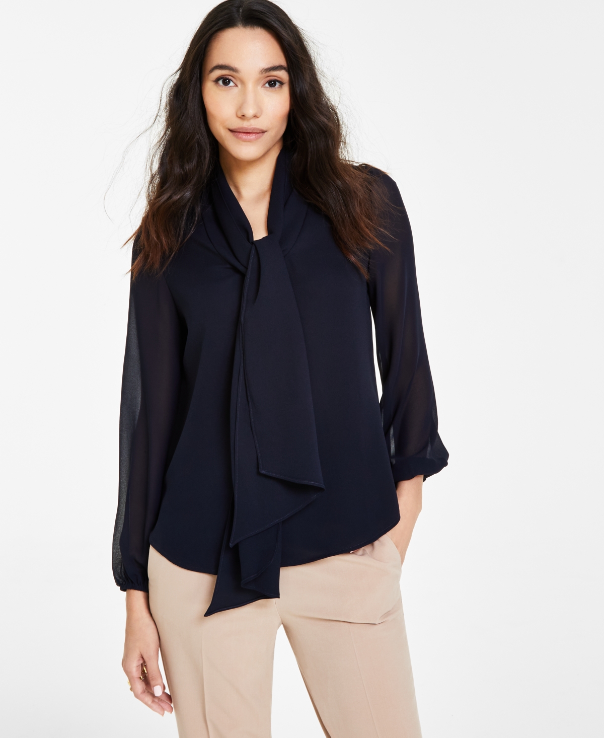 Shop Bar Iii Women's Tie-neck Sheer-long-sleeve Blouse, Created For Macy's In Bar Navy