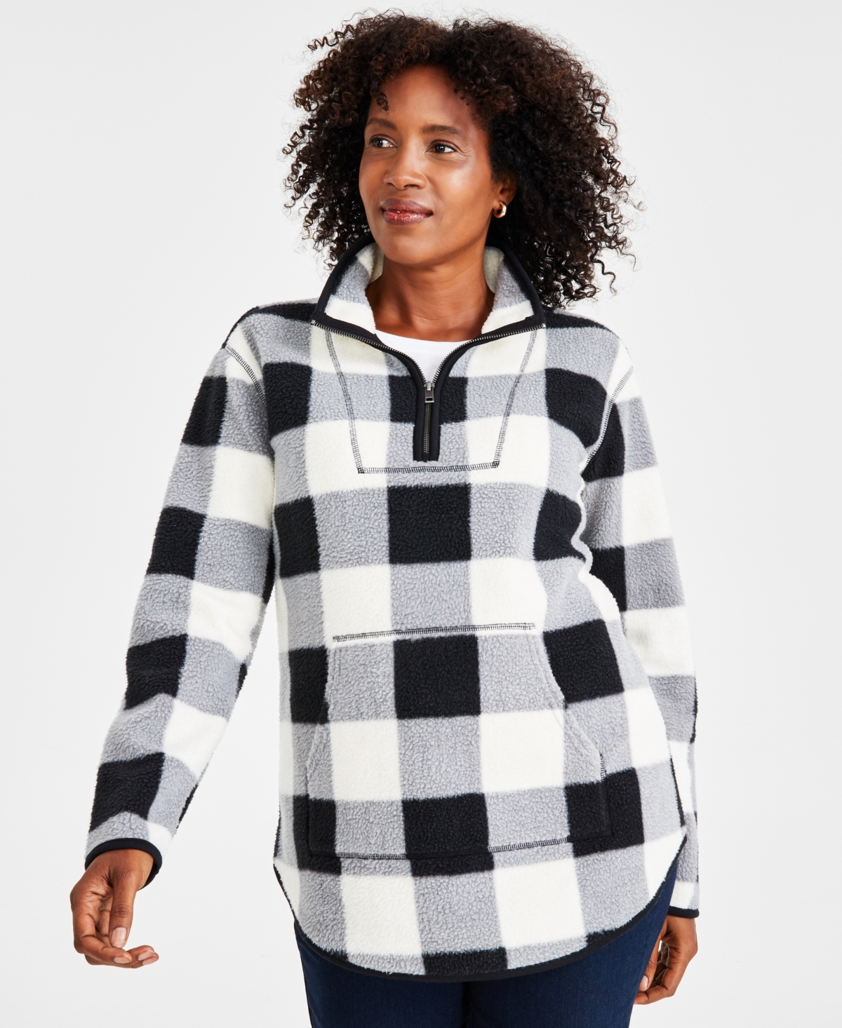 Style & Co Women's Fleece Quarter-zip Sweatshirt, Created For Macy's In White Check