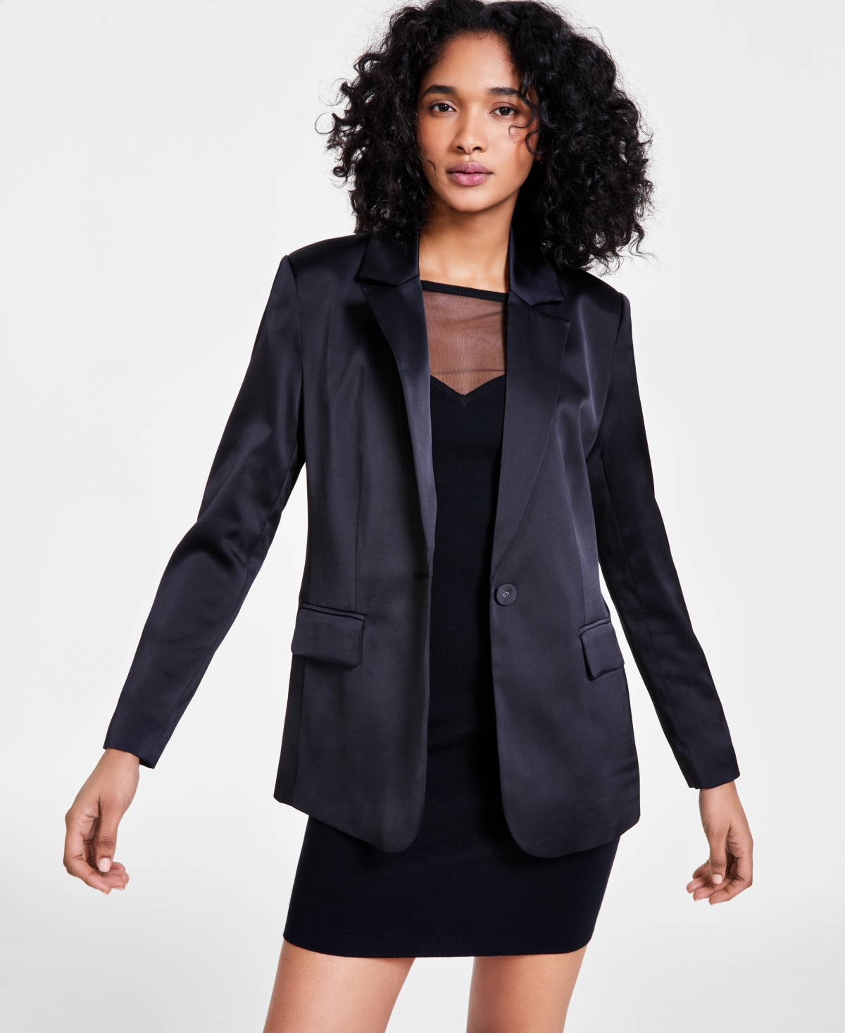 Bar Iii Women's Ruched-sleeve Blazer, Created For Macy's In Deep Black