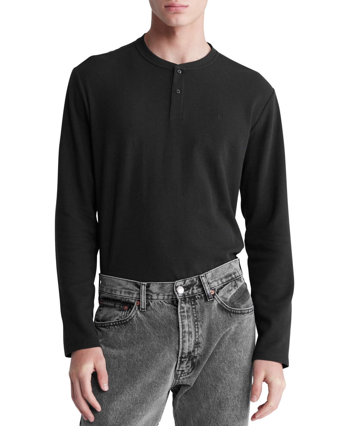 Calvin Klein Men's Regular-fit Waffle-knit Long-sleeve Henley In Black Beauty