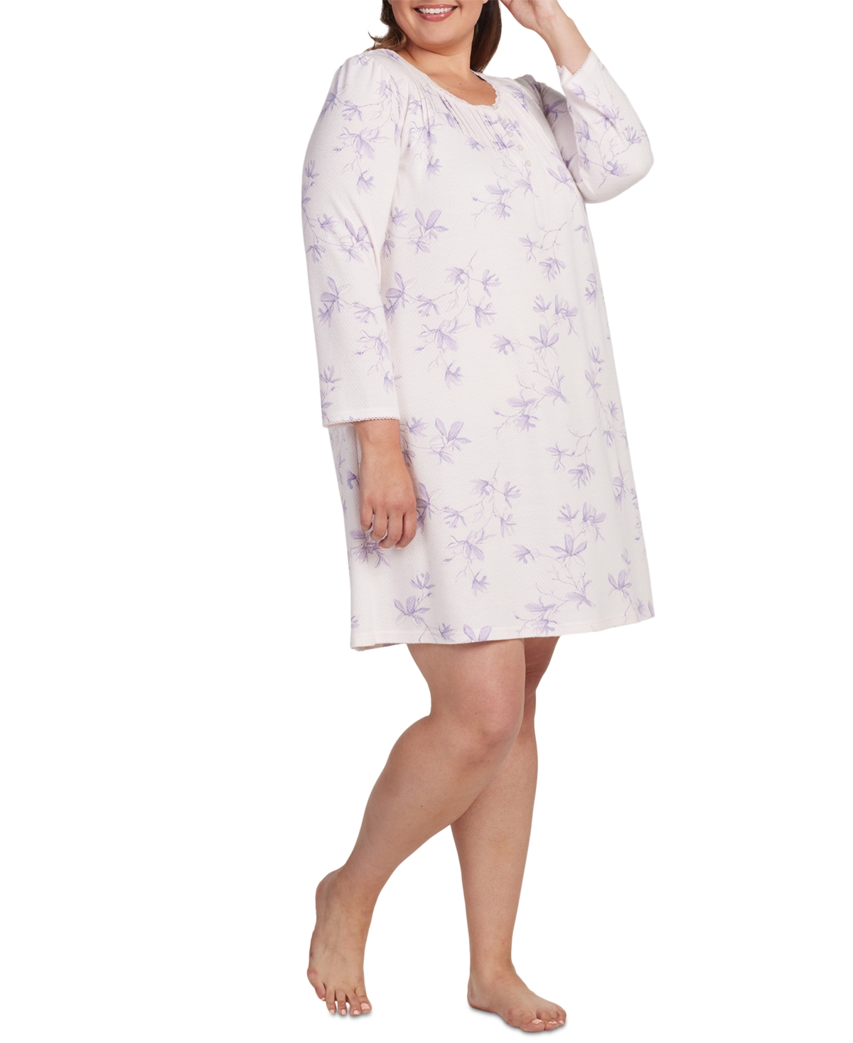 Miss Elaine Plus Size Floral Lace-trim Nightgown In Peach,lilac Floral Stems