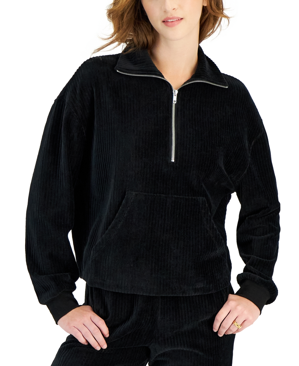 Juniors' Corduroy Half-Zip Sweatshirt - Black