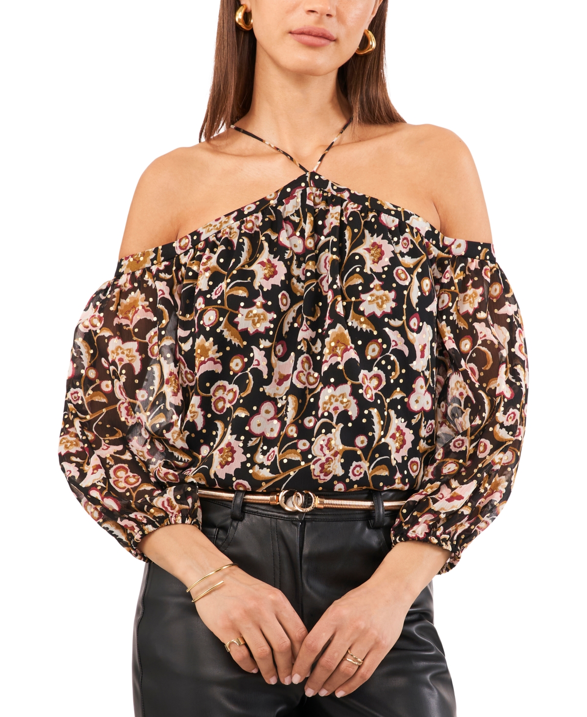 1.state Women's Printed High-neck Long-sleeve Blouse In Rich Black