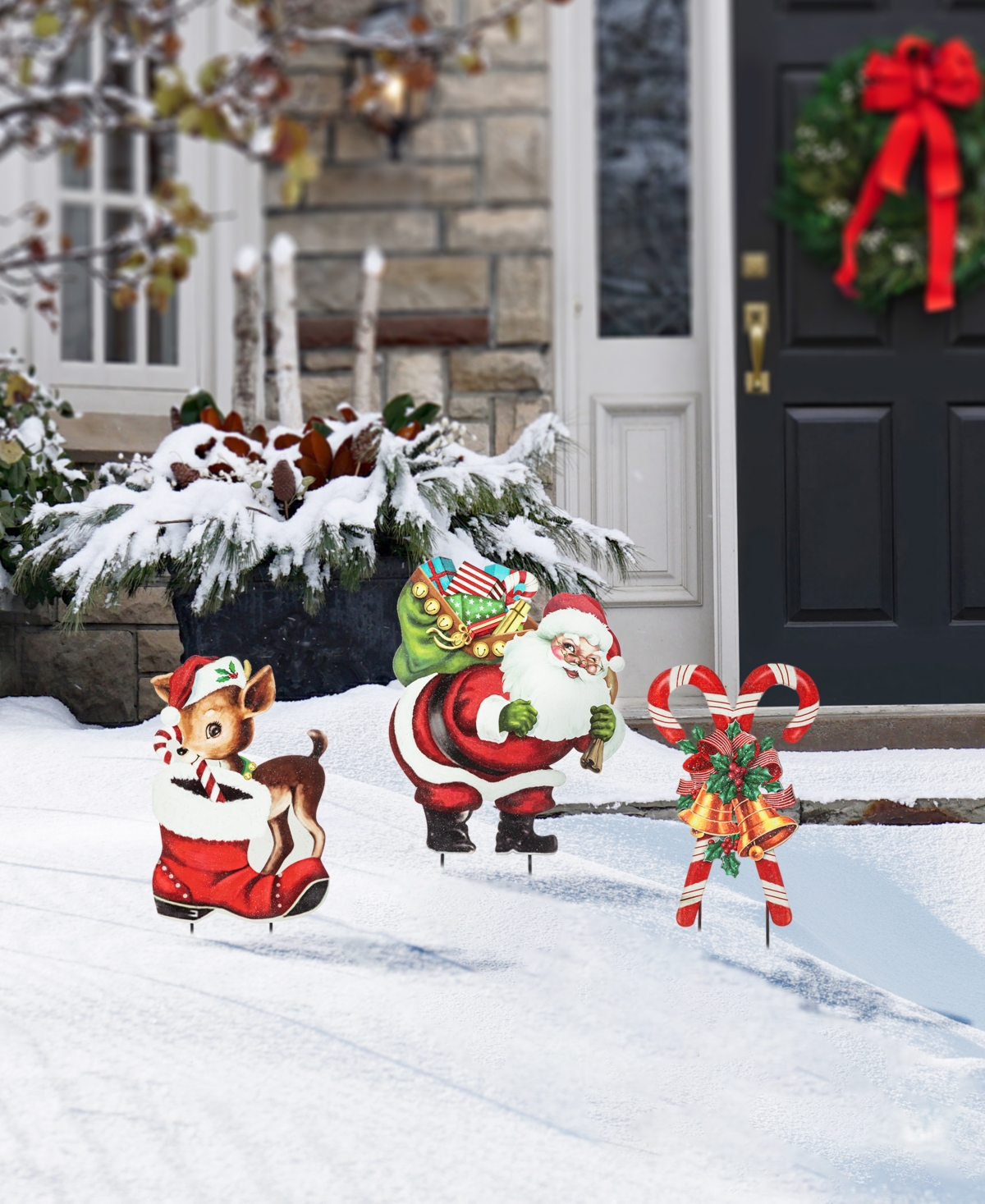 Shop Glitzhome 24" H Metal Glitter Santa, Reindeer And Candy Cane Yard Stake, Set Of 3 In Multi