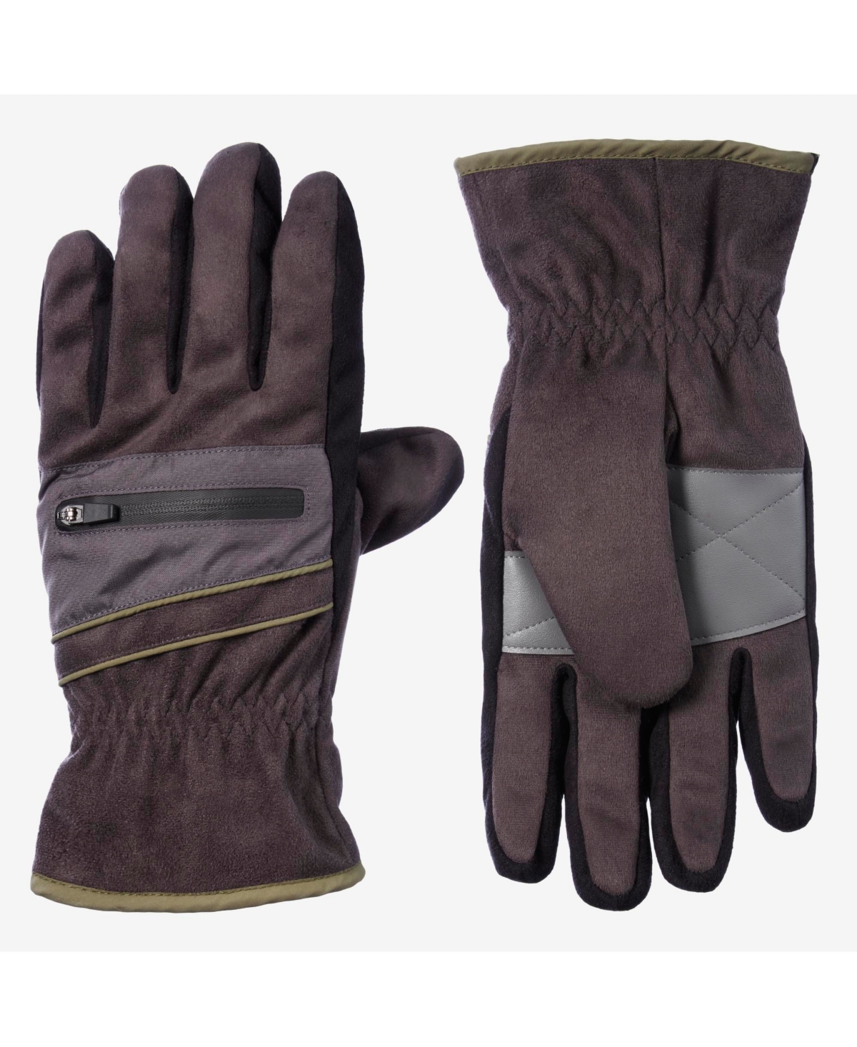 Isotoner Signature Men's Microsuede Water Repellent Gloves With Zipper Pouch In Lead