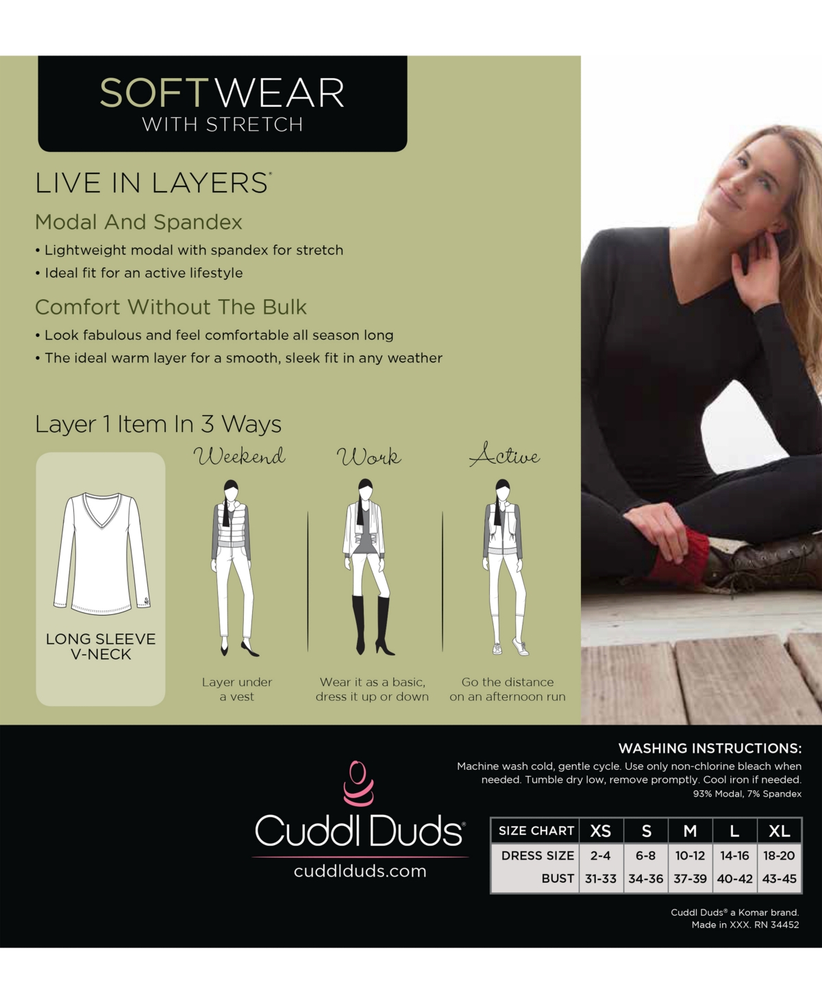 Cuddl Duds Plus Size Softwear Long-sleeve V-neck Top In Navy Blazer
