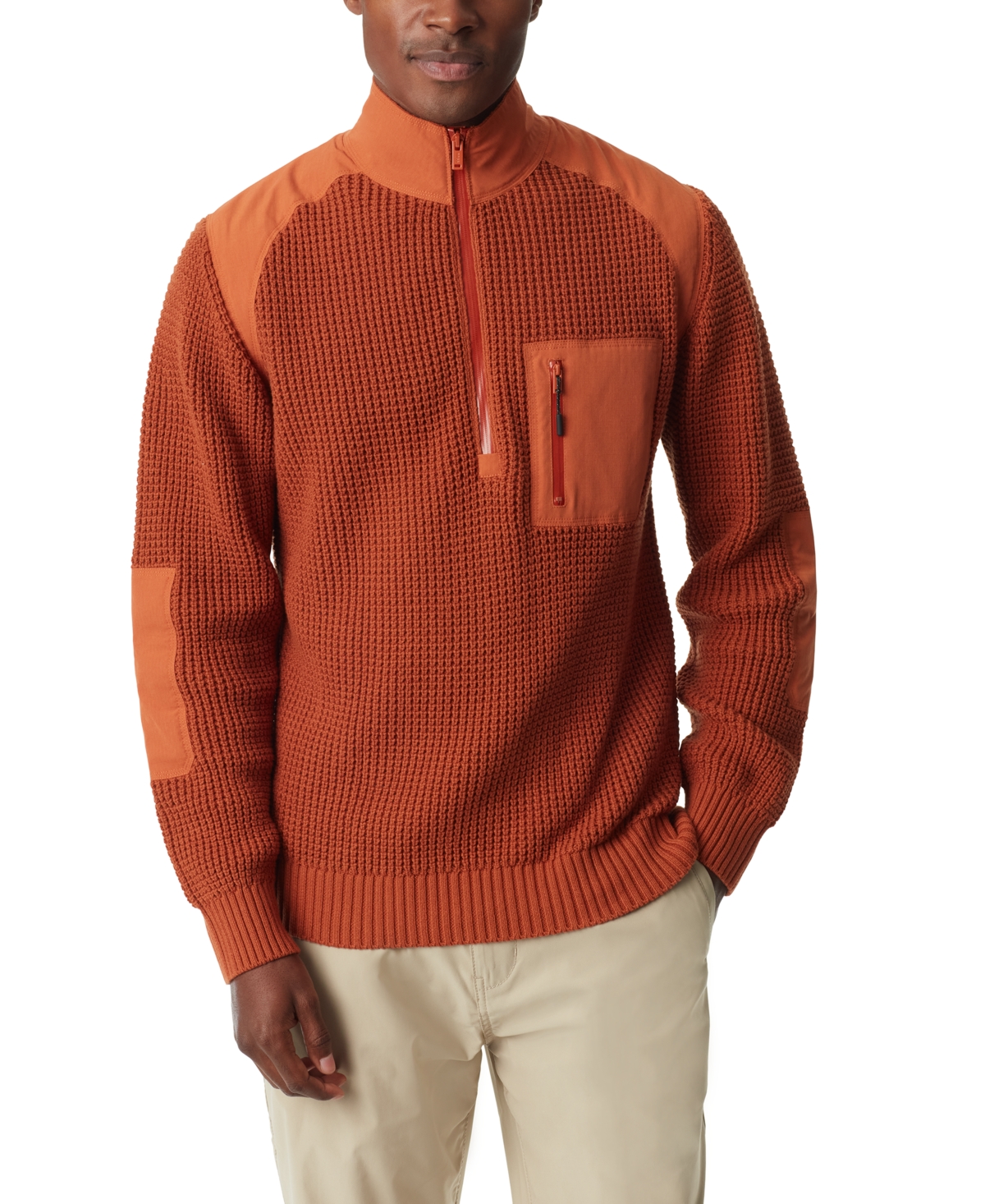 Men's Quarter-Zip Long Sleeve Pullover Patch Sweater - Burnt Orange