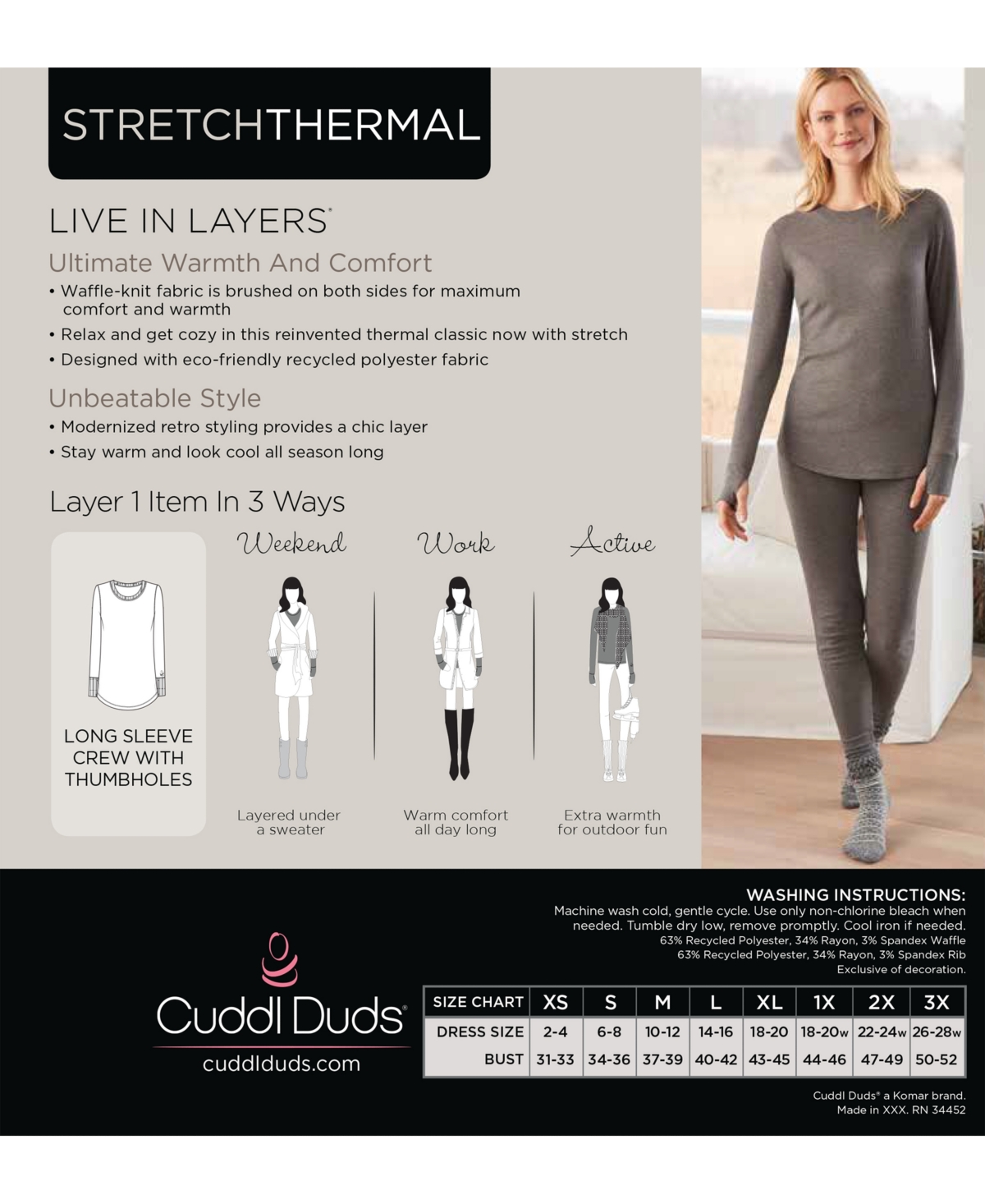 Shop Cuddl Duds Plus Size Stretch Thermal Long-sleeve Top In Grey Buffalo