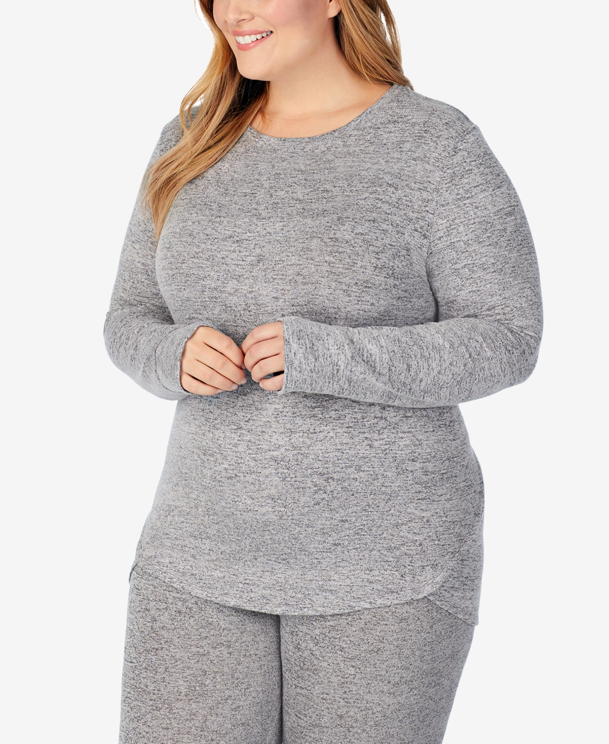Shop Cuddl Duds Plus Size Long-sleeve Thumbhole Crewneck Top In Marled Grey