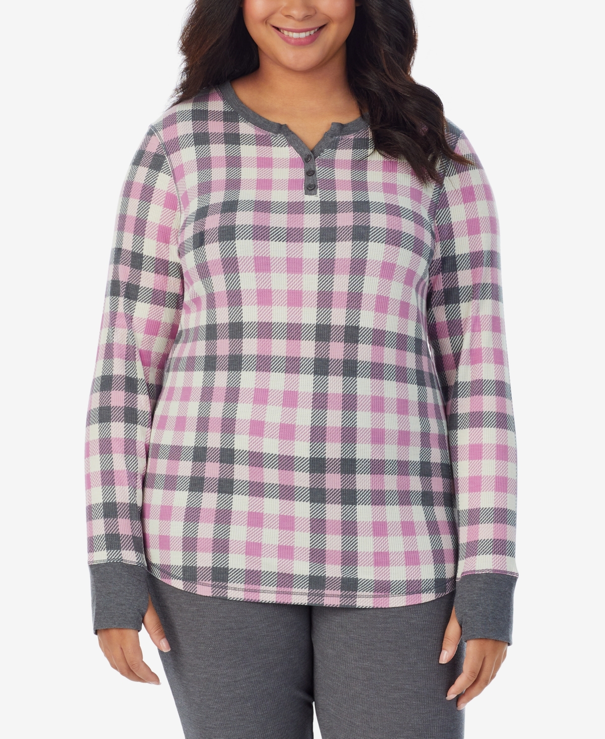 Cuddl Duds Plus Size Printed Thermal Henley Thumbhole Top In Mulberry Buffalo