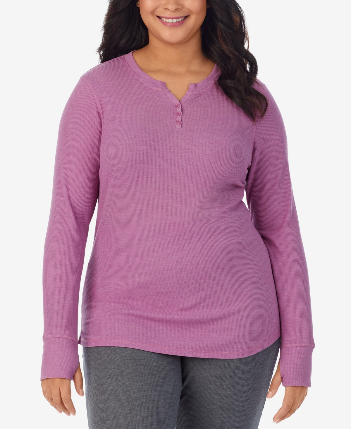 CUDDL DUDS PLUS SIZE STRETCH THERMAL HENLEY TOP WITH THUMHOLES
