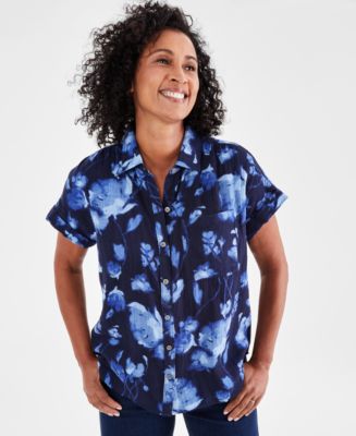 売れ筋商品|||スタイルアンドコー カットソー トップス レディース Women's Printed Cotton Gauze Camp Shirt, Exclusively at Macy's Floral Indigo 25753491_fpx.tif?$filterlrg$&