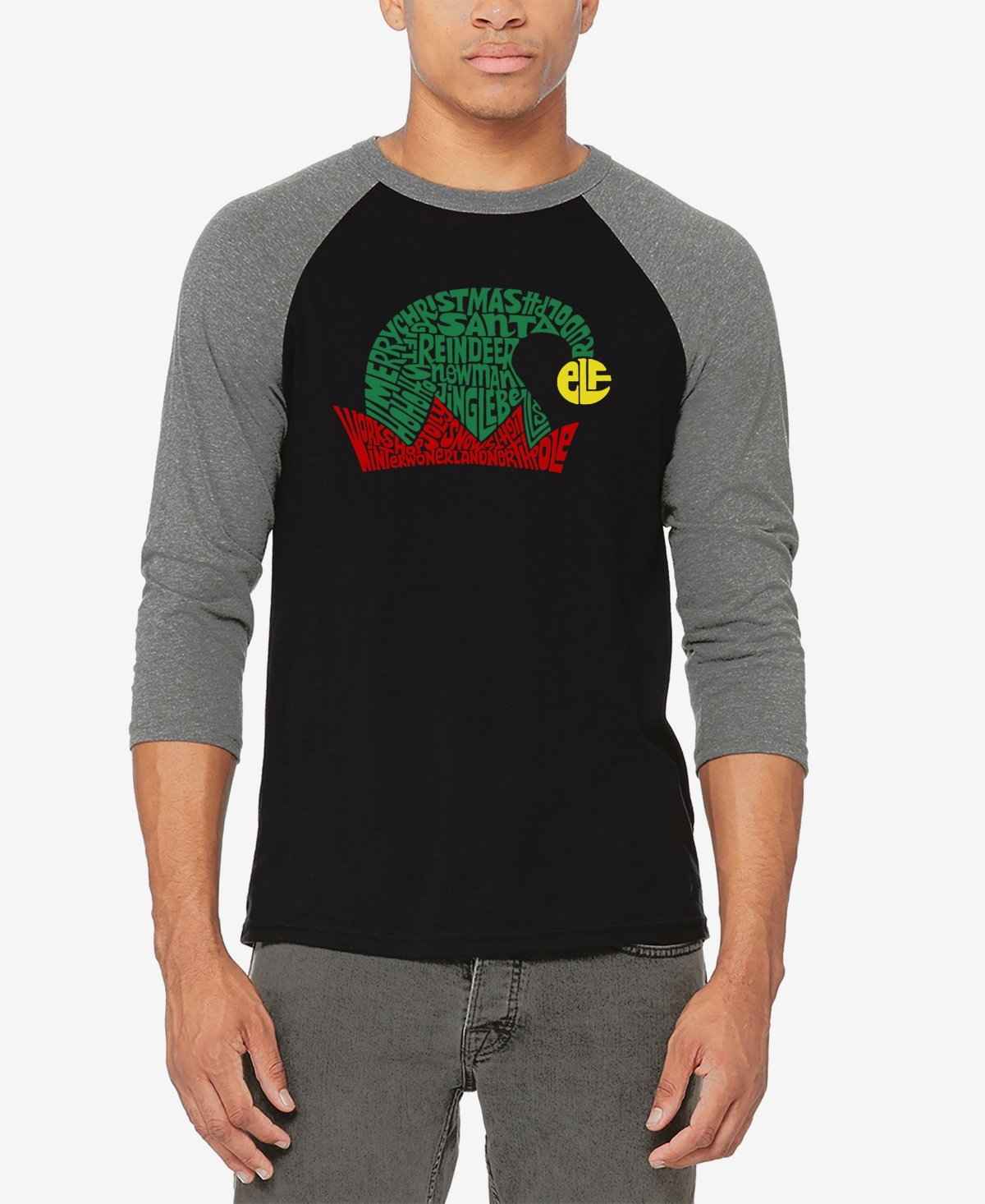 La Pop Art Men's Christmas Elf Hat Raglan Baseball Word Art T-shirt - Black