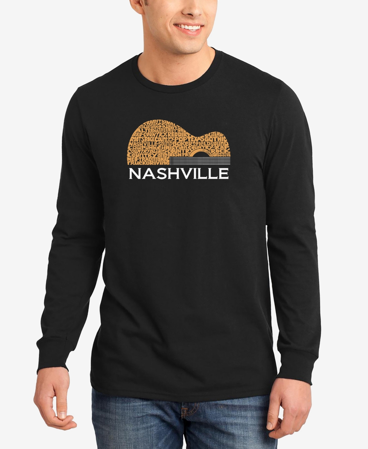 Men's Nashville Guitar Word Art Long Sleeve T-shirt - Black