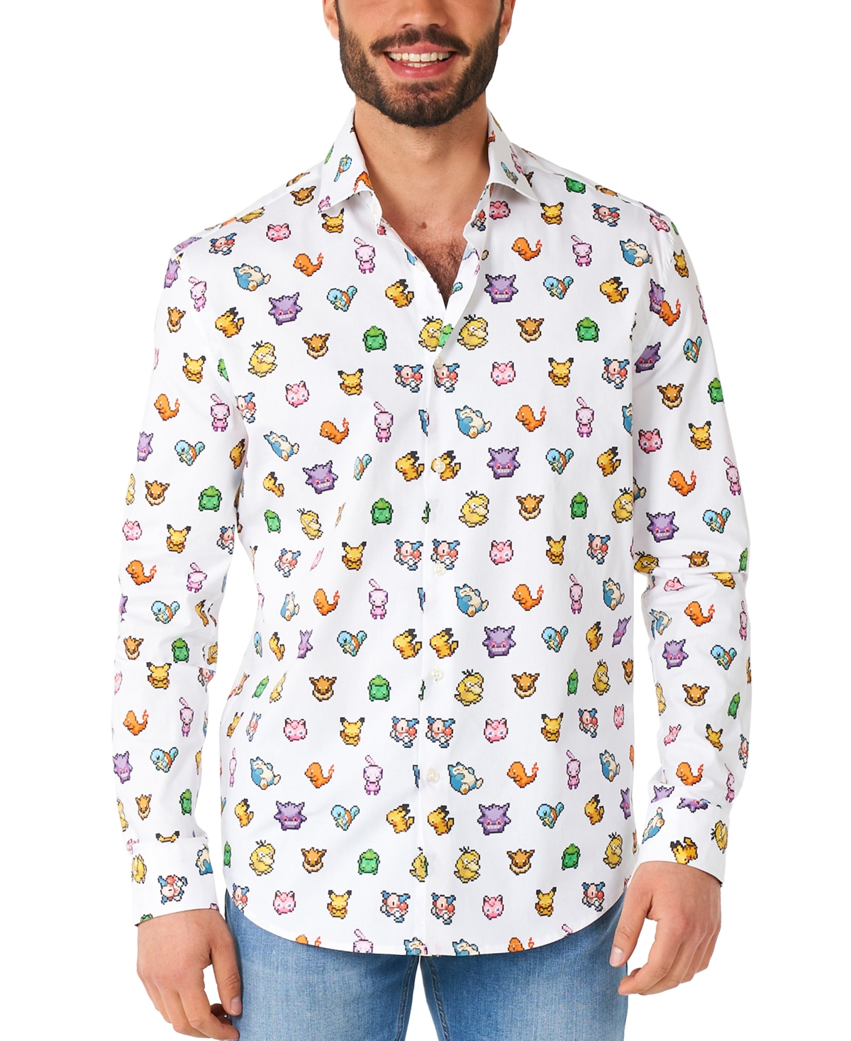Men's Long-Sleeve Pixel Pokemon Graphic Shirt - White