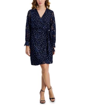 Anne Klein - Women's Jacquard Clip-Dot Faux-Wrap Dress