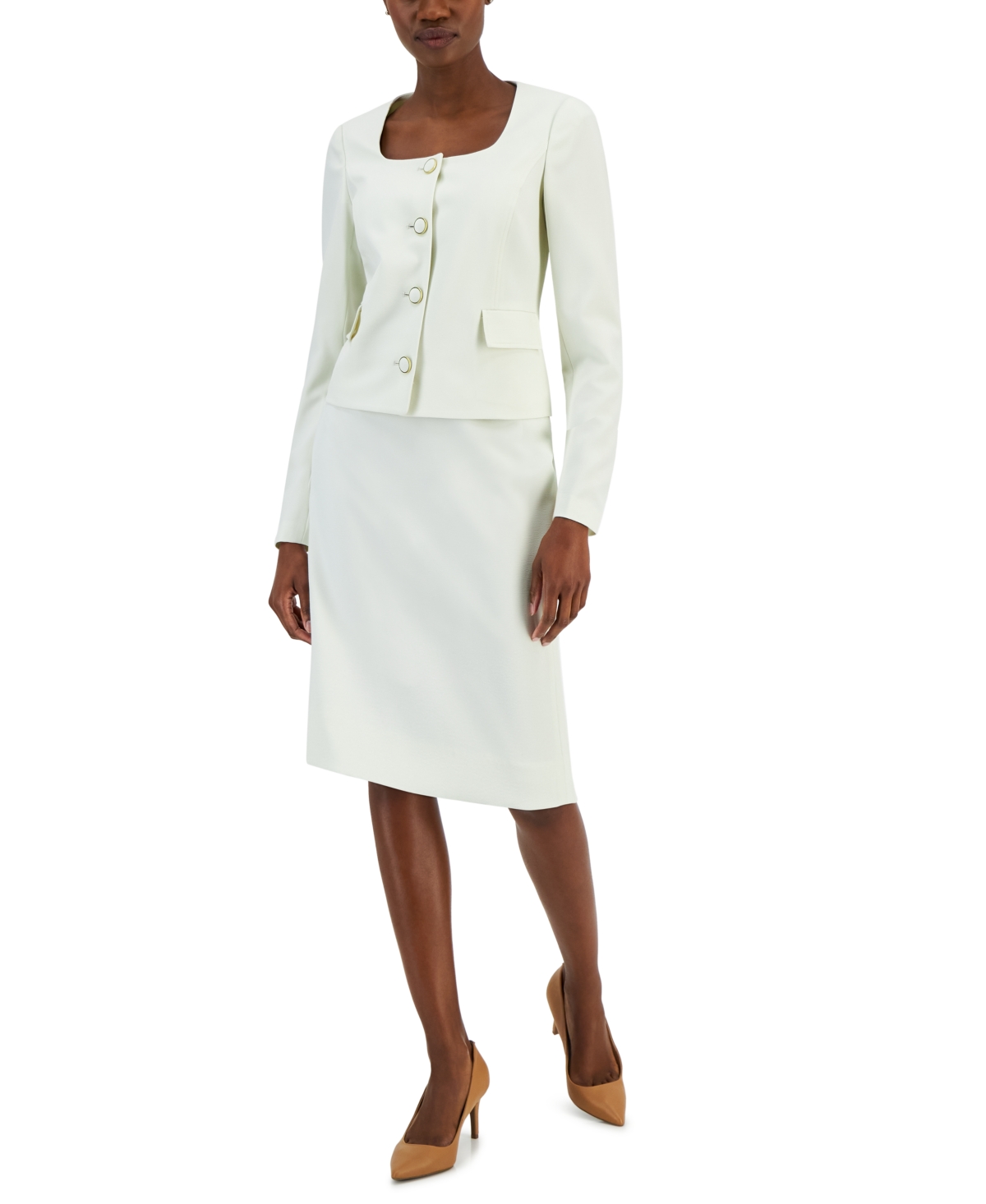 Nipon Boutique Women's Curved Collar Button-front Jacket & Pencil Skirt Suit In Ivory