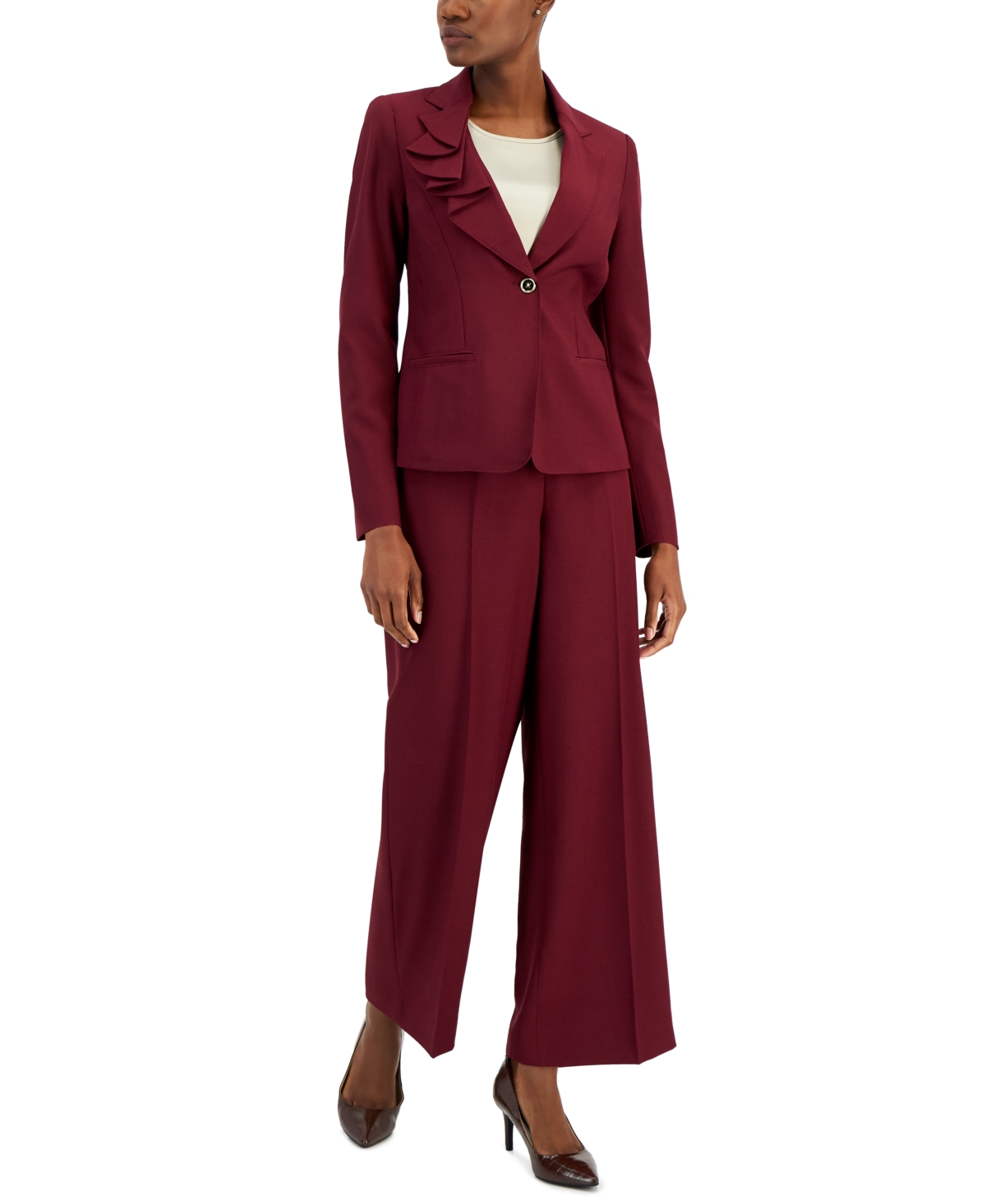Nipon Boutique Women's Asymmetrical Ruffled One-button Jacket & Wide-leg Pant Suit In Bordeaux