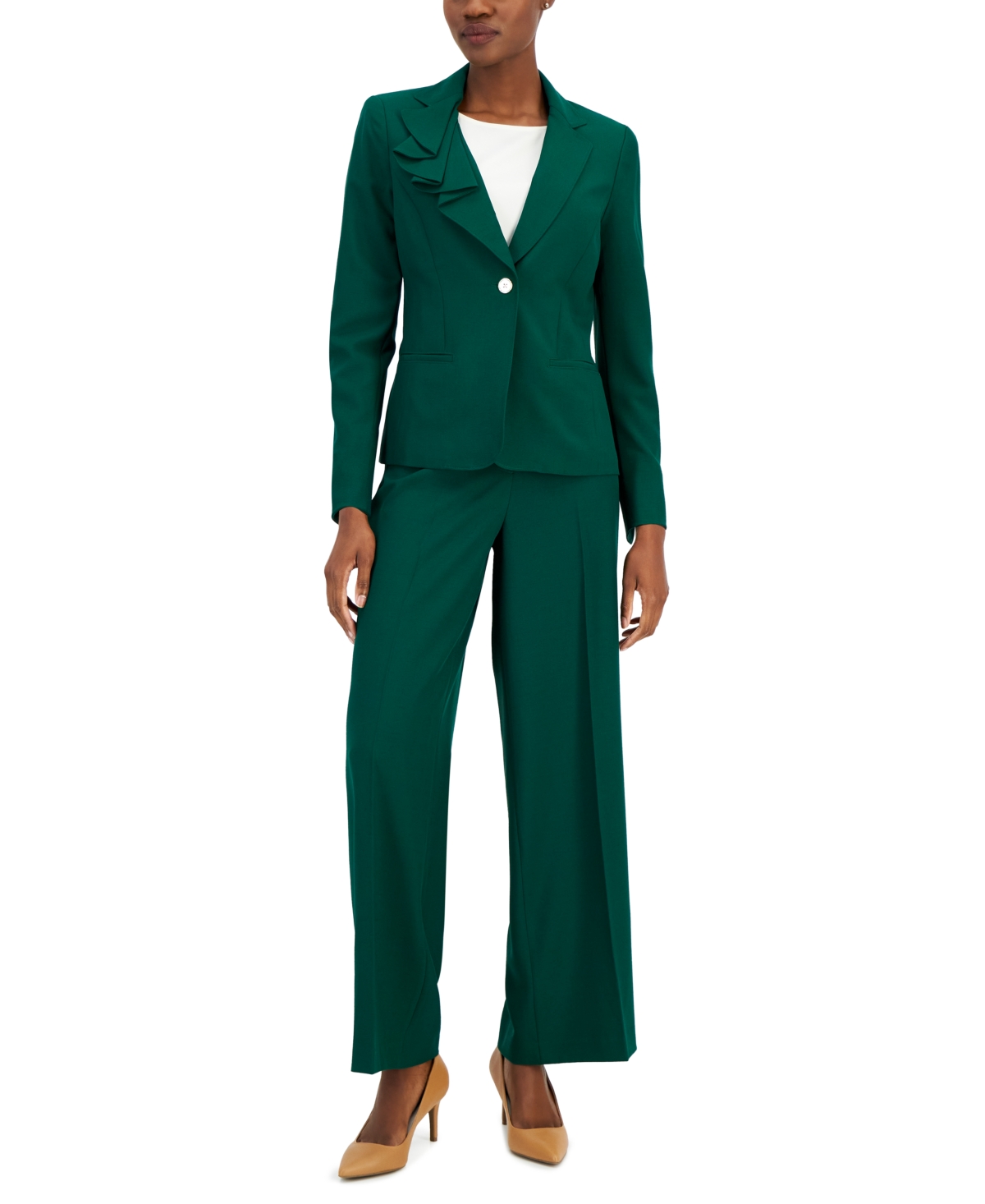 Nipon Boutique Women's Asymmetrical Ruffled One-button Jacket & Wide-leg Pant Suit In Emerald