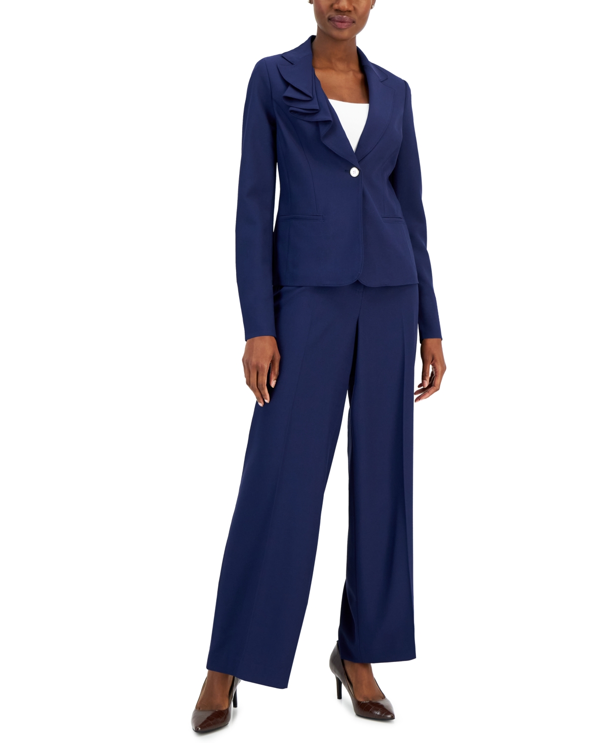 Shop Nipon Boutique Women's Asymmetrical Ruffled One-button Jacket & Wide-leg Pant Suit In Bright Navy