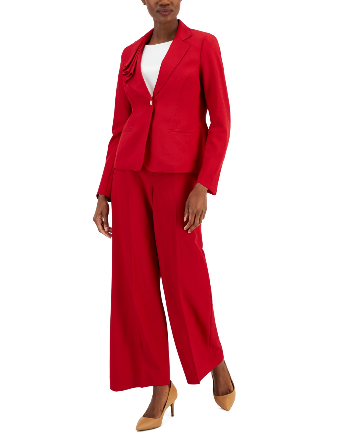 Nipon Boutique Women's Asymmetrical Ruffled One-button Jacket & Wide-leg Pant Suit In Classic Red