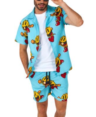 Men's Hawaiian 2 Piece Set - PAC-MAN Summer Beach Swim Wear Slim Fit - Includes Short Sleeve Shirt and Shorts