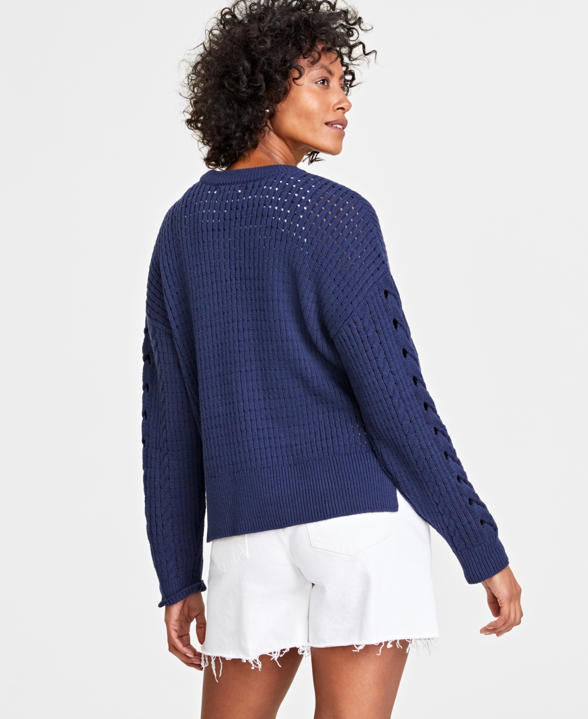 On 34th Women's Cable-Knit-Mesh Crewneck Long-Sleeve Sweater, Created for Macy's