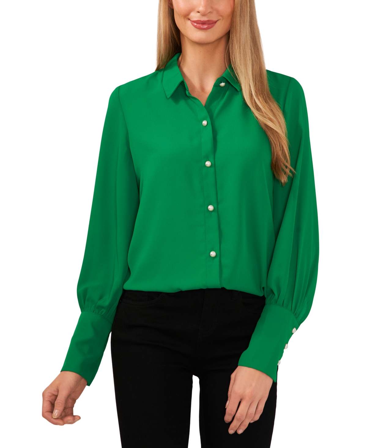 Cece Women's Puff Sleeve Button-up Shirt In Lush Green