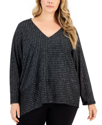 Calvin Klein - Plus Size Asymmetric Metallic Striped Long-Sleeve Top