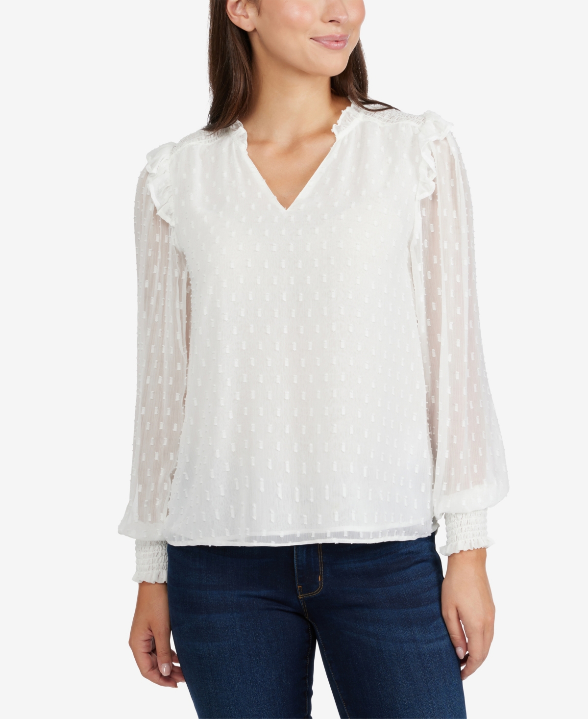 LAUNDRY BY SHELLI SEGAL WOMEN'S RUFFLE SLEEVE TOP WITH SMOCKED DETAIL