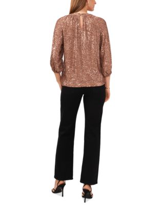 Women's Sequin Keyhole Detail Raglan Sleeve Top