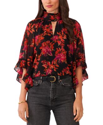 Women's Printed Pleat-Neck Ruffle-Sleeve Top