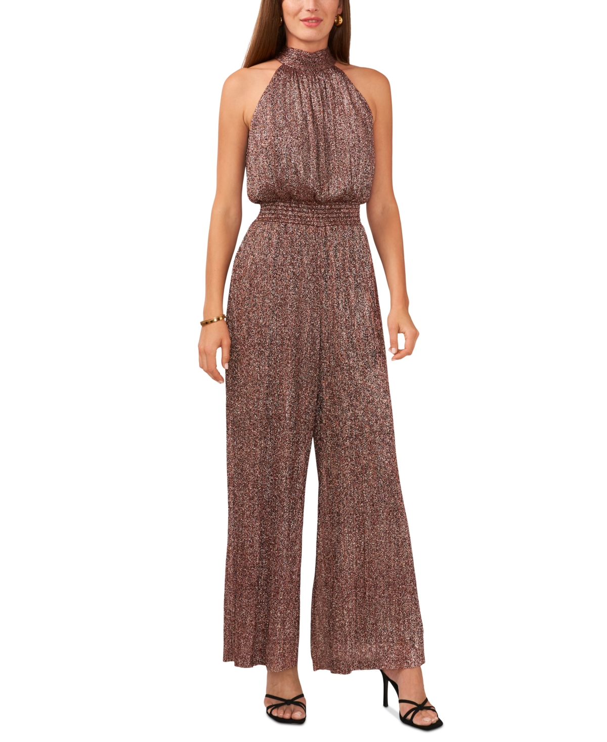 Vince Camuto Women's Metallic Sleeveless Smocked-waist Jumpsuit In Burgundy