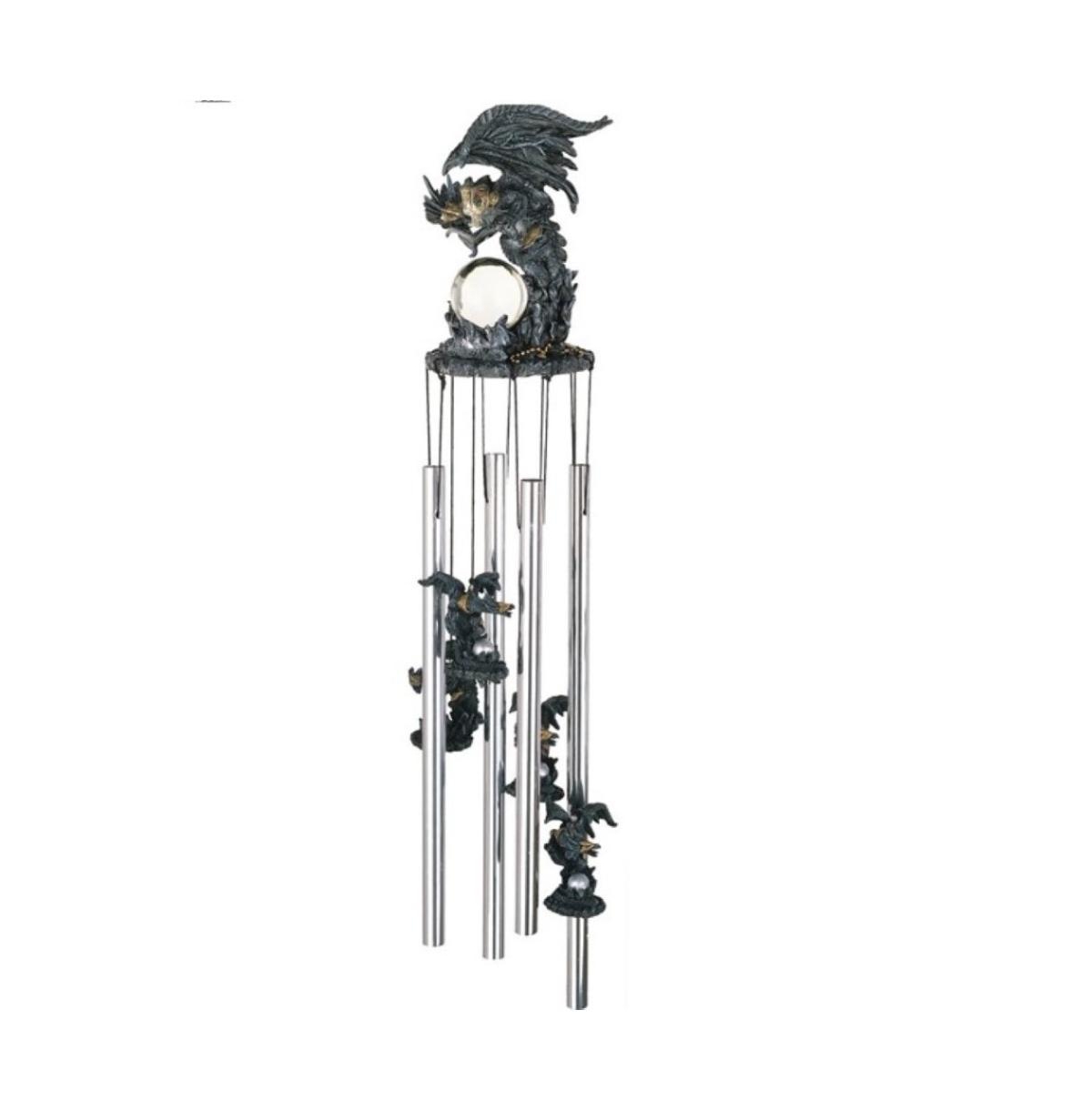 23" Long Black Dragon with Faux Crystal Round Top Wind Chime - Silver