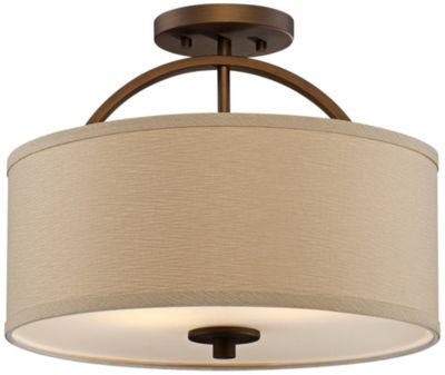 Halsted Modern Ceiling Light Semi Flush Mount Fixture 15" Wide Brushed Bronze 2-Light Oatmeal Linen Drum for Bedroom Living Room