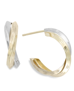 image of Two-Tone X-Hoop Earrings in 10k Gold, 16mm
