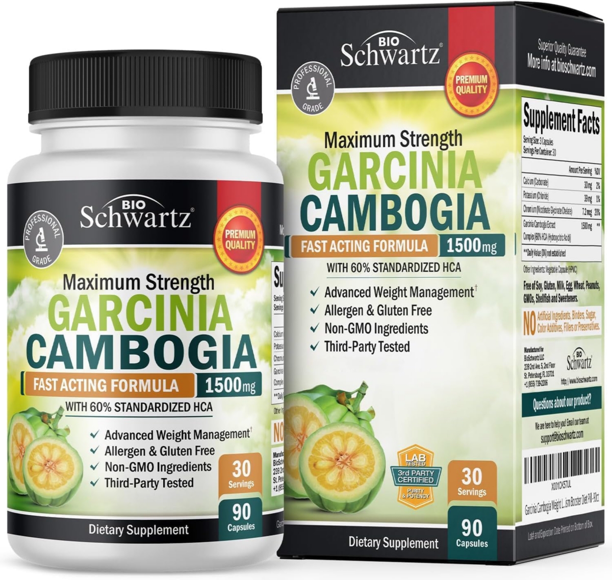 BioSchwartz Garcinia Cambogia Weight Loss Pills - 1500mg Hca Pure Extract - Fast Acting Appetite Suppressant - Fat Burner for Women and Men to Help Lo