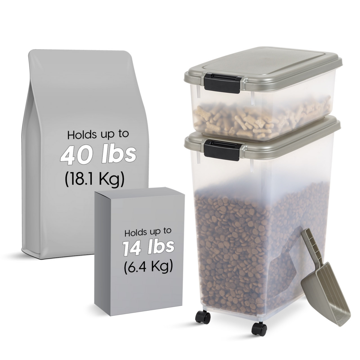 3-Piece Airtight Food Storage Container Combo with Scoop for Pet, Dog, Cat and Bird Food, Chrome - Grey